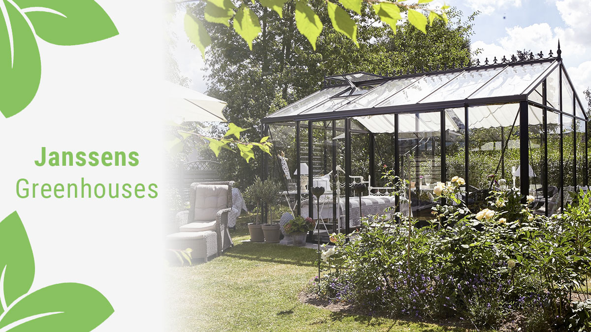 A Janssens Greenhouse in a beautiful backyard with the text: Janssens Greenhouses