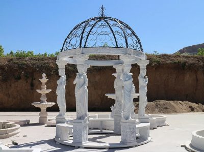 Victorian Marble Gazebo made from white marble with an iron dome and figurative pillars
