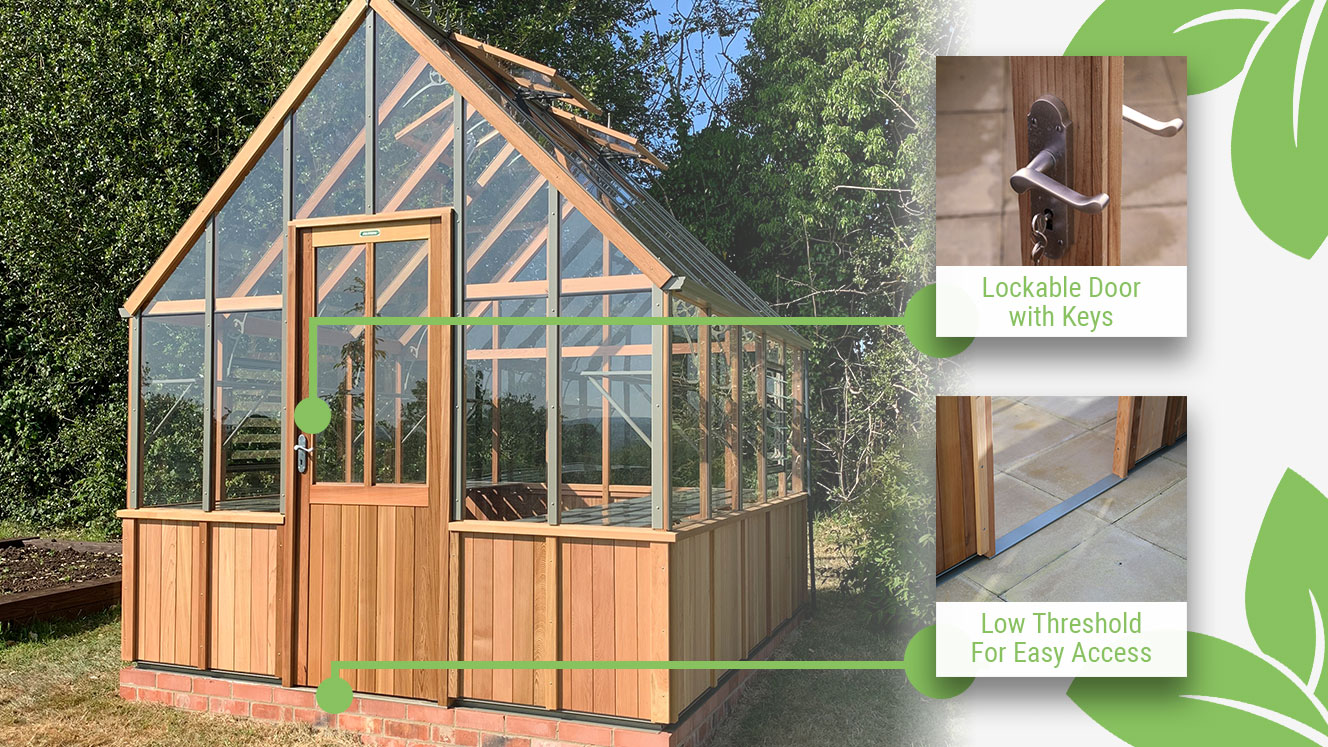 Feature image showing the tall hinged door on the Alton Cheltenham Wooden_Greenhouse