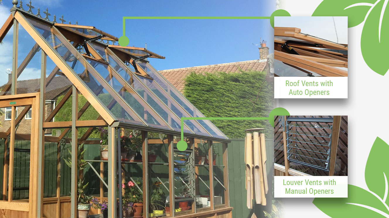 Feature image showing the vents of the Alton Cheltenham Wooden Greenhouse pointing out the superior ventilation