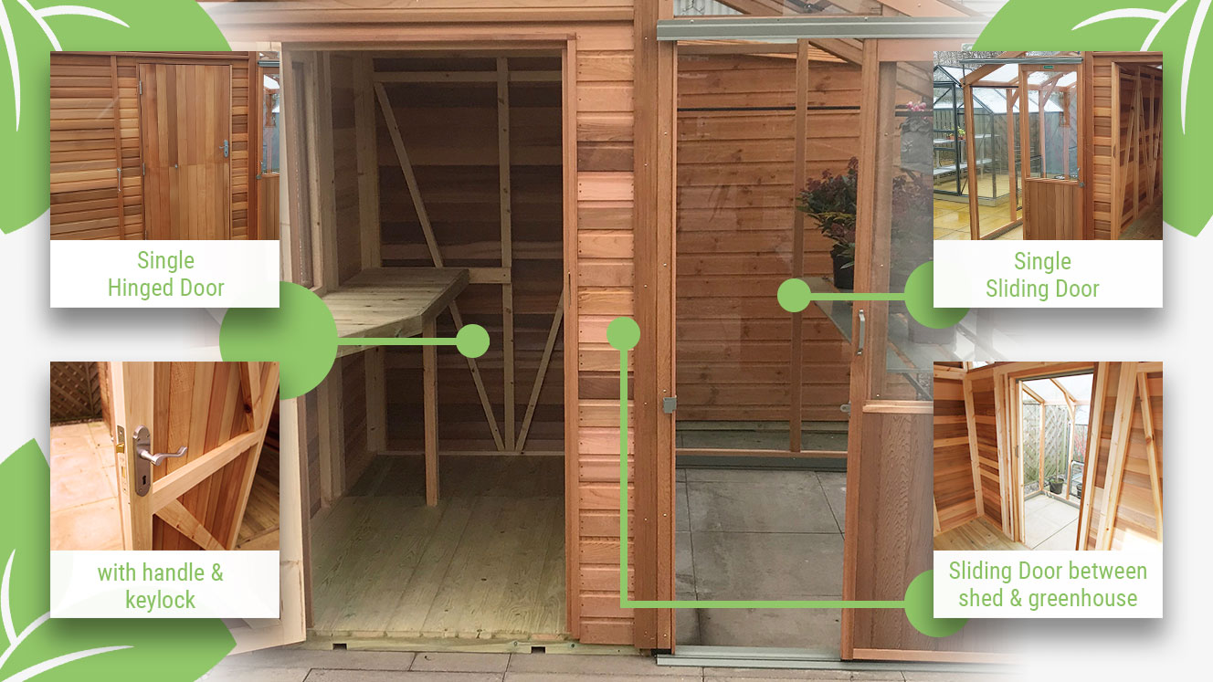 Featured image showcasing the different doors in the Alton Fusion Greenhouse Shed Hybrid, such as hinged lockable door and sliding doors