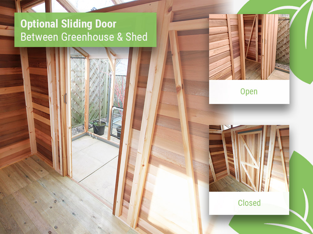 Featured image showcasing the optional sliding door between greenhouse and shed