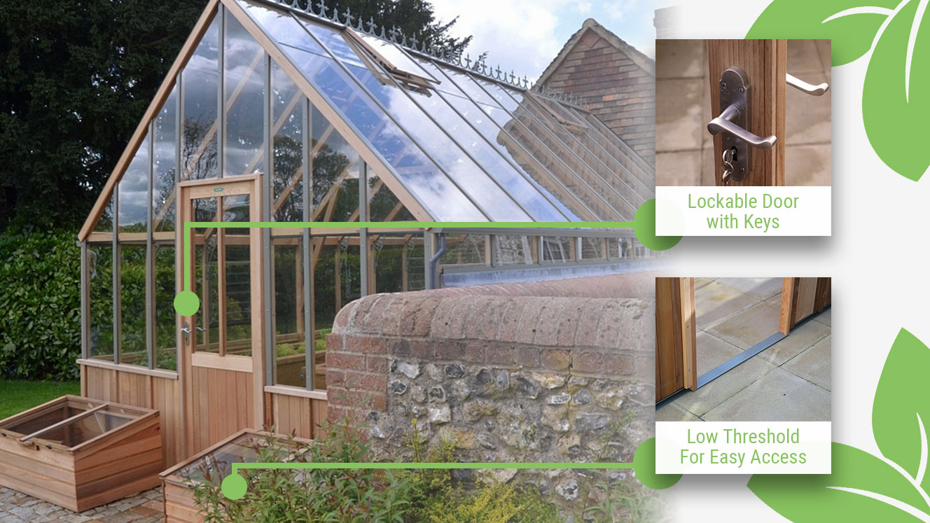 Feature image showing the tall hinged door on the Alton Westminster Wooden Greenhouse