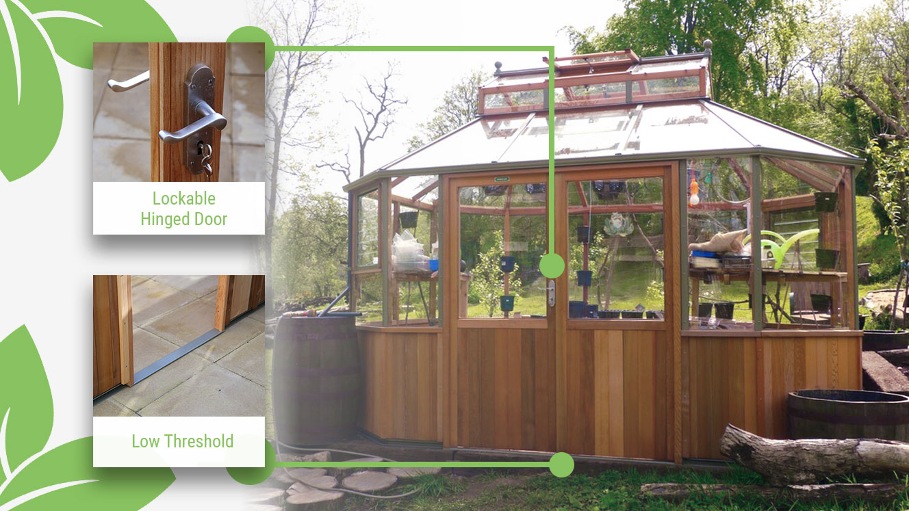 Feature image showing the lockable door with handle and the low threshold of the Alton Wooden Octagonal Greenhouse