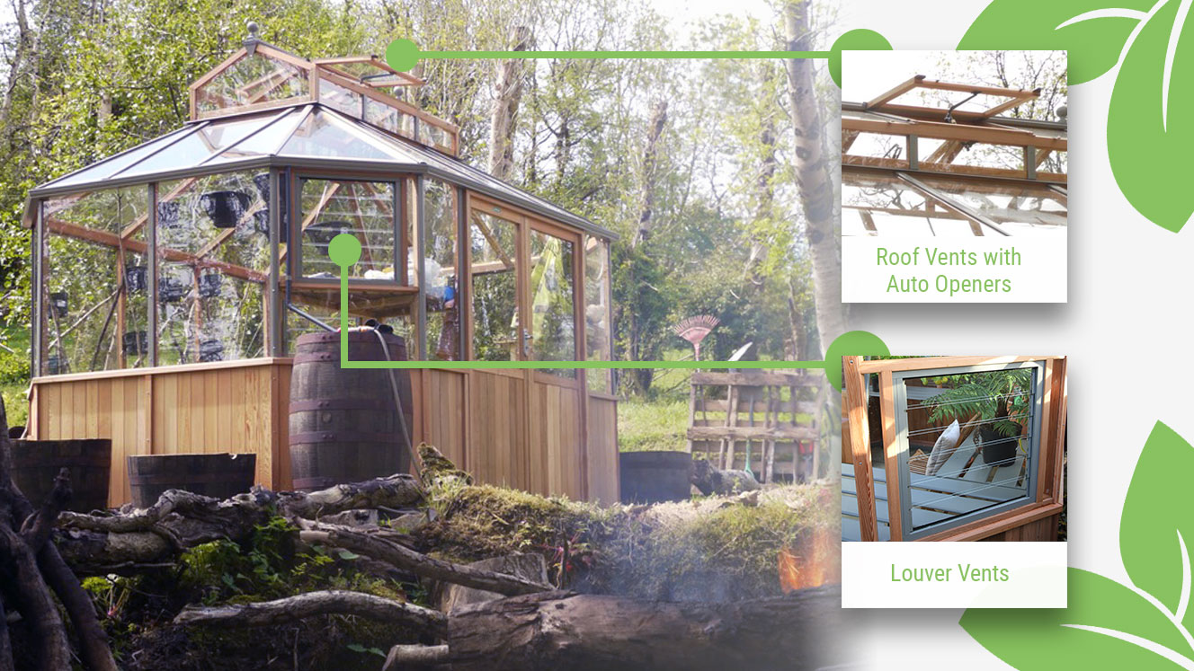 Feature image showing the roof vents and the louver vents of the Alton Wooden Octagonal Greenhouse