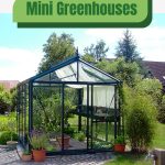 Greenhouse with shade curtains with text: Mini Greenhouses Your Path to Year-Round Gardening