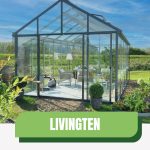 Large glass greenhouse with text: Livingten Insulated Glass Greenhouse