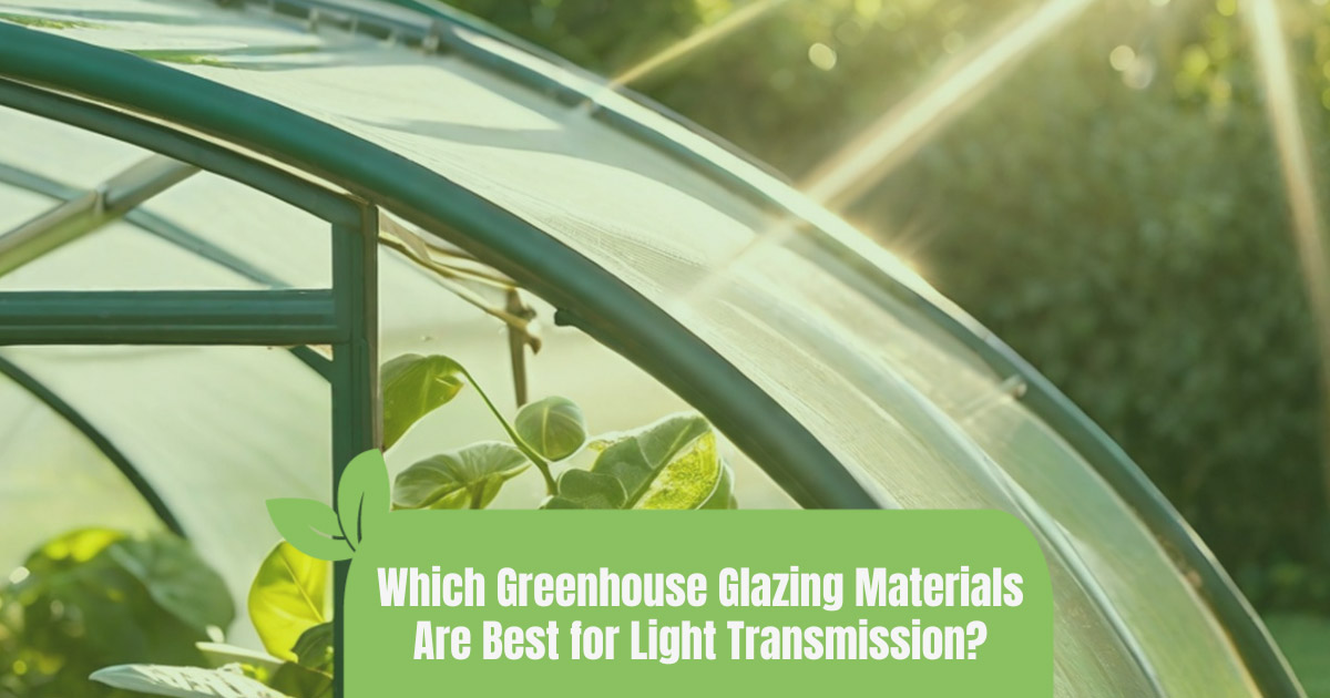 Close-up of greenhouse sidewalls with the text: Which Greenhouse Glazing Materials Are Best for Light Transmission?