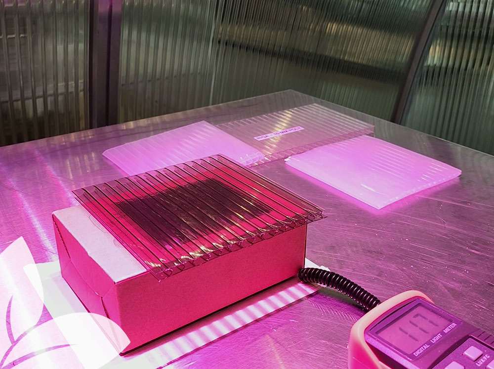 Testing light transmission of greenhouse covering materials, in this case tinted 8mm polycarbonate