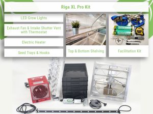 Featured image showcasing the accessories included in the Riga XL Pro Kit, such as shelving, grow lights, exhaust fan, intake shutter vent, hooks, seed trays, heater, and an assembly facilitation kit