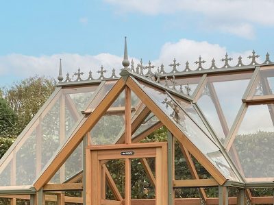 Closer look at roof ridge of an Alton greenhouse showing the Alton Ridge Cresting