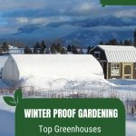 Snow covered greenhouse with text: Winter Proof Gardening Top Greenhouses for Winter