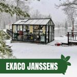 Janssens Royal Greenhouse in snow with text: Exaco Janssens Royal Victorian Greenhouse