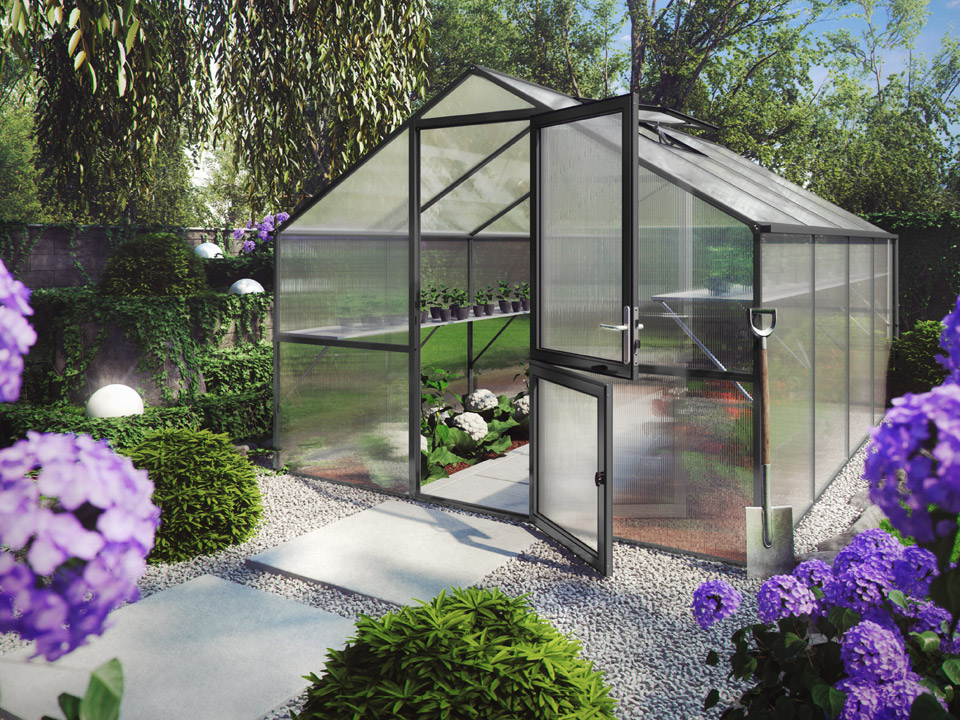 Exterior view of Nelke greenhouse with open double hinged door