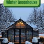 Victorian glass greenhouse with snow on roof with text: Winter Greenhouse A Beginner's Guide