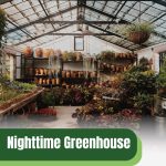 Interior of greenhouse in evening with text: Nighttime Greenhouse Temperature Guide