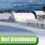 Snow covered greenhouse with text: Best Greenhouses for Winter