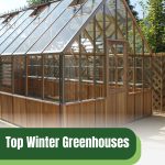 Glass greenhouse with text: Top Winter Greenhouses Reviewed