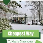 Greenhouse in winter landscape with text: Cheapest Way to Heat a Greenhouse