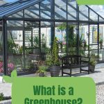 Glass greenhouse with text: What Is A Greenhouse?