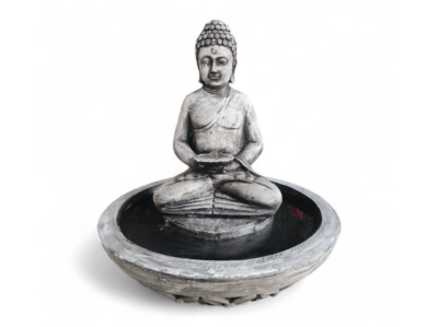 25" tall black Buddha sitting in a bowl fountain. Water pours from his hands placed in his lap over his crossed legs down into the bowl. Made of High-strength glass-reinforced concrete, uses 132 GPH pump, weighs 146 lbs.