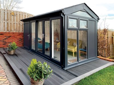 Exaco Greenwich Nordic Garden Room is like a tiny home with a mix of solid and glass walls, as well as a separate shed