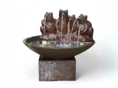Rust colored fountain with four frogs sitting on the edge of a 39" bowl with water spouts in their mouths that stream water into the bowl. The bowl is perched on a 19" W x 19" D x 12" H square base. 1 LED Light, 608 GPH pump, and weighs 370 lbs.
