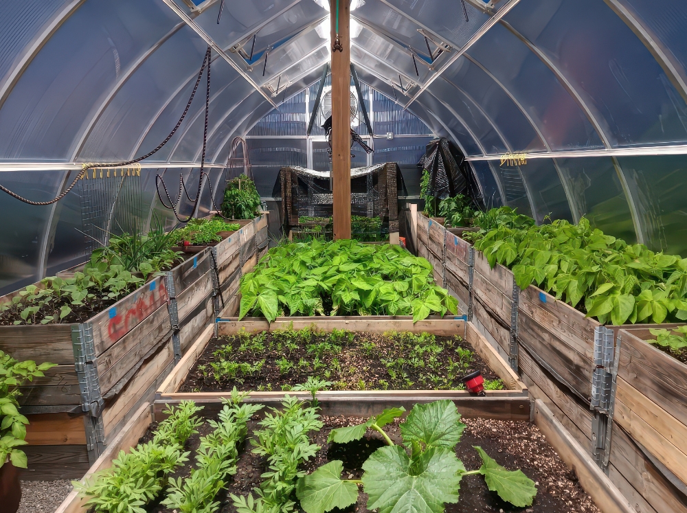 Three rows of raised beds inside a greenhouse as a way to use a greenhouse