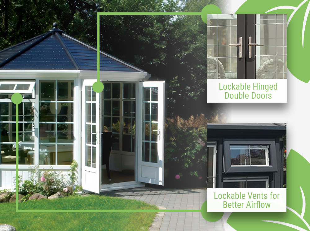 Graphic showcasing the features of the Melbourne Octagonal Garden Room: Loackable double hinged doors and lockable vents