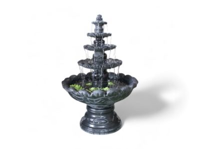 Black bowl Monaco fountain with pillar in center with 4 tiers of platforms going up it in decreasing sizes. At the top of the pillar is the spout and the water flows down the different platforms into the bowl on the bottom. Stands 67" tall and 42" wide, weighs 615 lbs, and uses a 932 GPH pump.