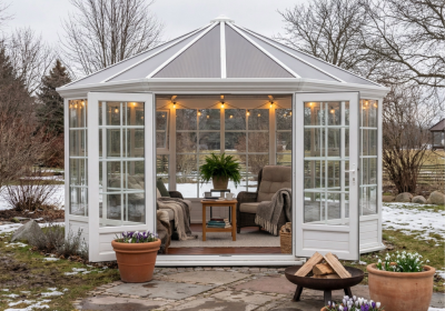 Exterior view of the Melbourne Octagonal Garden Room softly lit in the winter