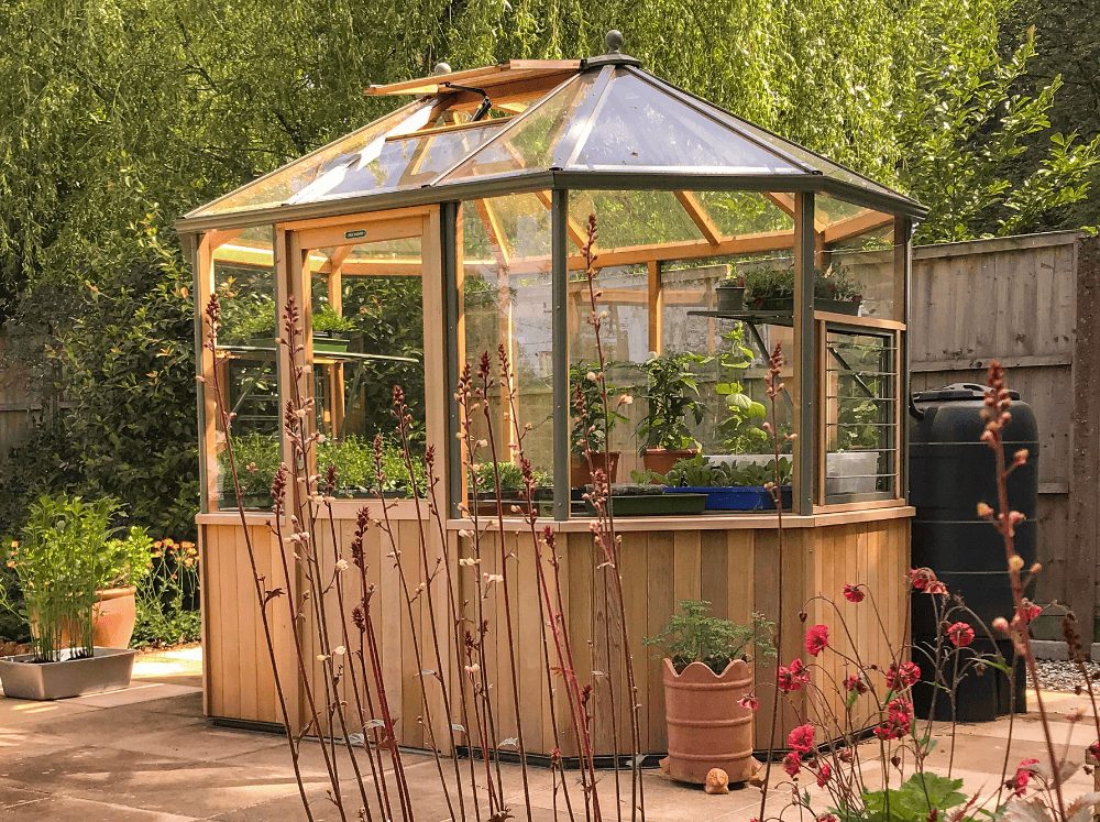 Exterior perspective of a small, space-saving octagonal greenhouse with a wood stem wall and frame around glass panels. 
