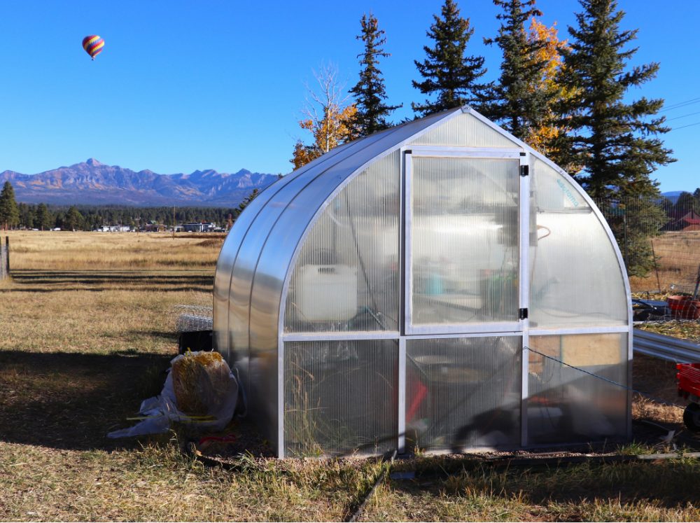 A small, space-saving Riga polycarbonate gothic arch greenhouse with a hot-air balloon and trees behind it. 