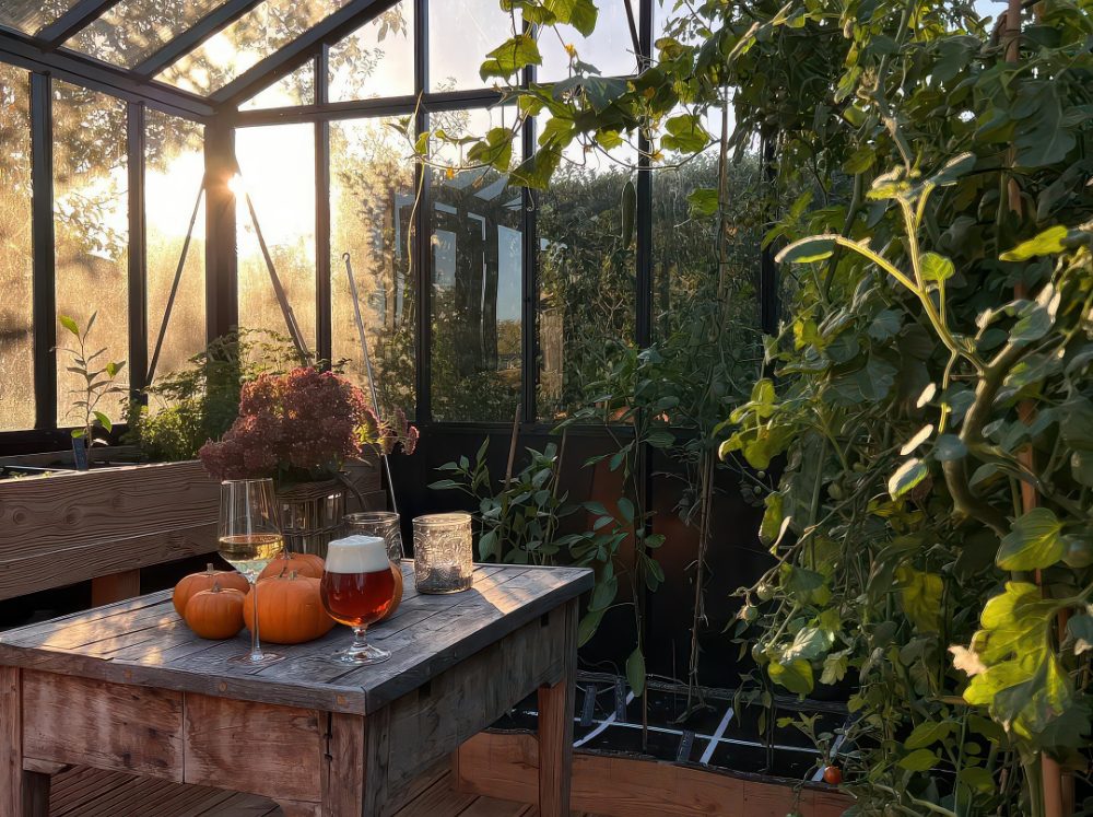 Greenhouse interior with a rustic wooden table laden with harvest decor, pumpkins, and drinks, surrounded by thriving plants.