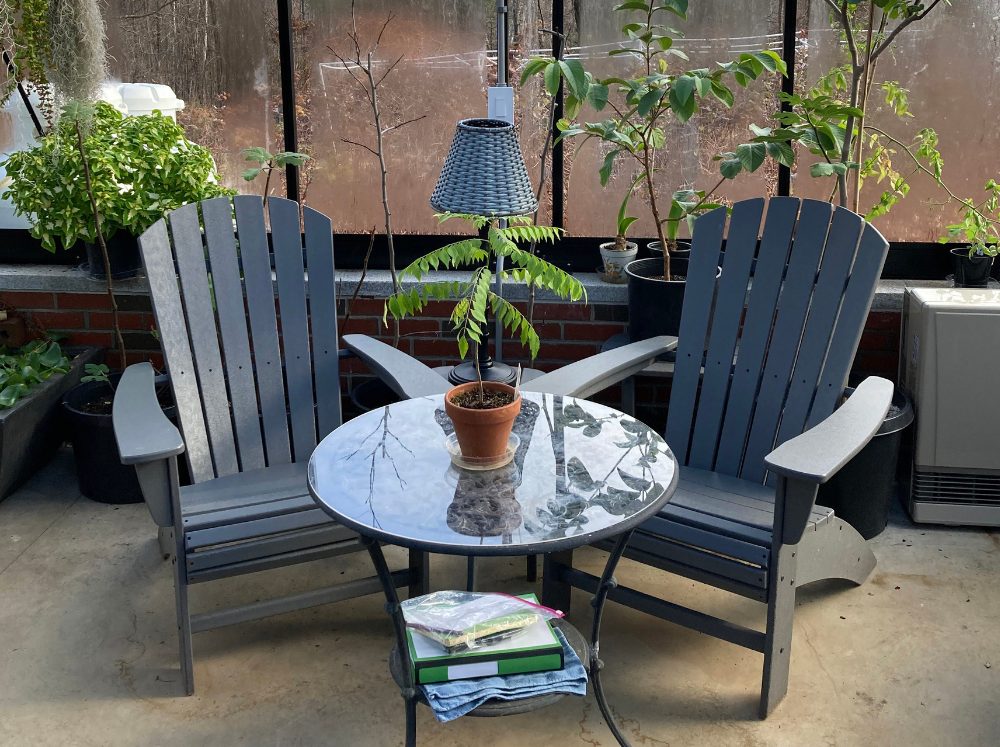 Greenhouse interior with a simple, peaceful seating arrangement of two Adirondack-style chairs and a small table on a stem wall, surrounded by plants.