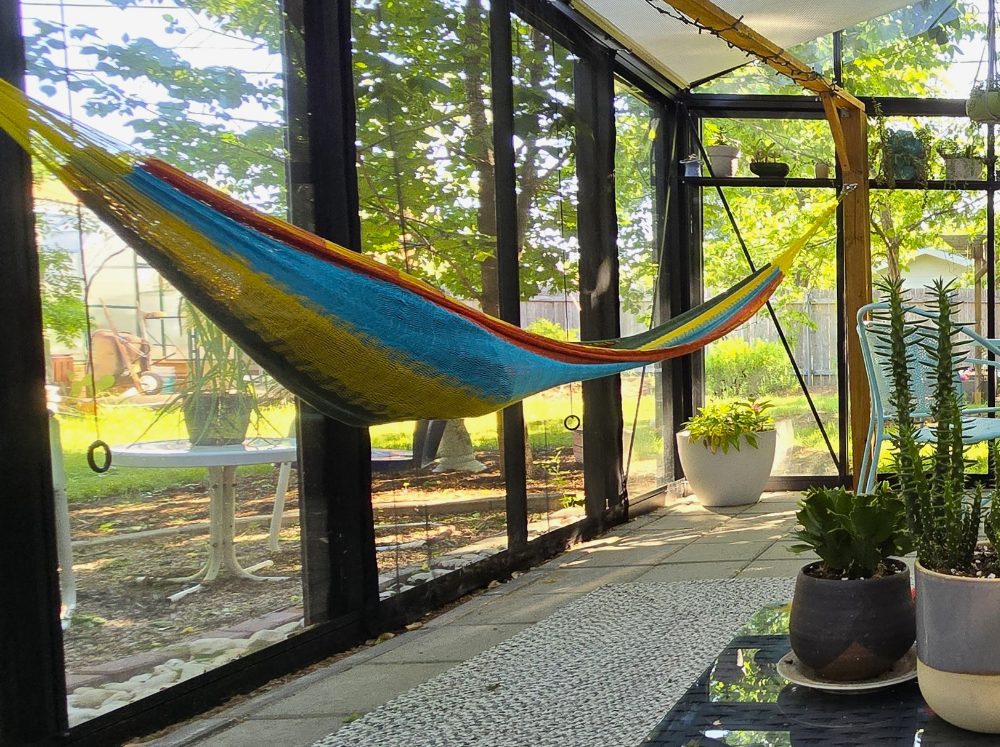 Greenhouse interior with a vibrant hammock, comfortable sofa, and coffee table, creating a peaceful lounging nook.
