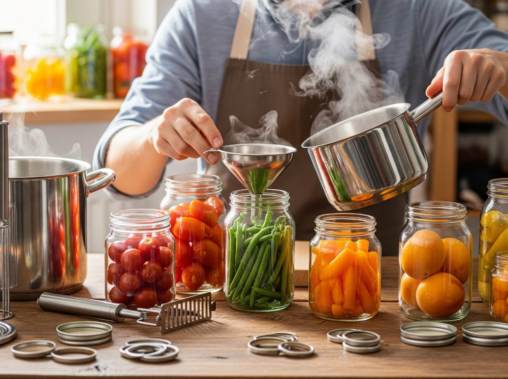 Someone pouring a hot liquid from the pot into a mason jar filled with green beans with a funnel in preparation for canning. 