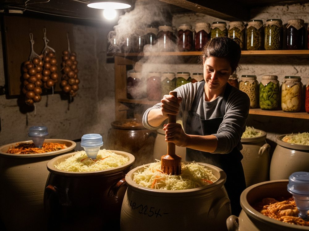 A person tending fermenting vegetables in a cellar. 