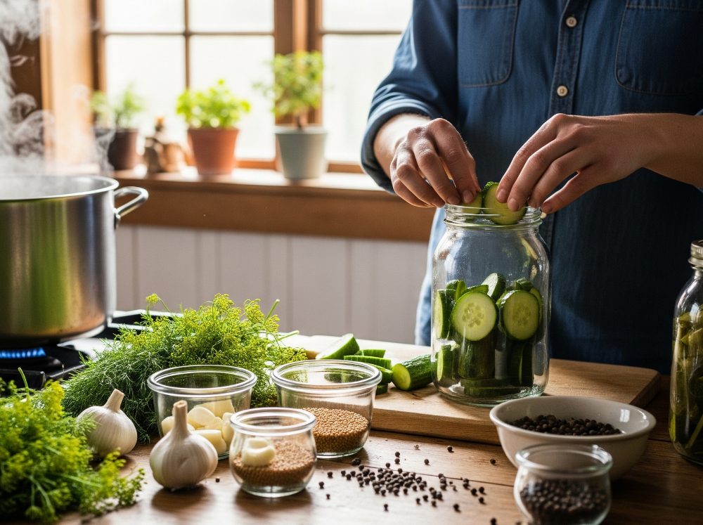 A person preparing cucumbers for pickling.