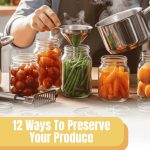 Someone pouring a hot liquid from the pot into a mason jar filled with green beans with a funnel in preparation for canning. A graphic at the bottom reads "12 Ways To Preserve Your Produce" and the Greenhouse Emporium logo is in the bottom right corner.