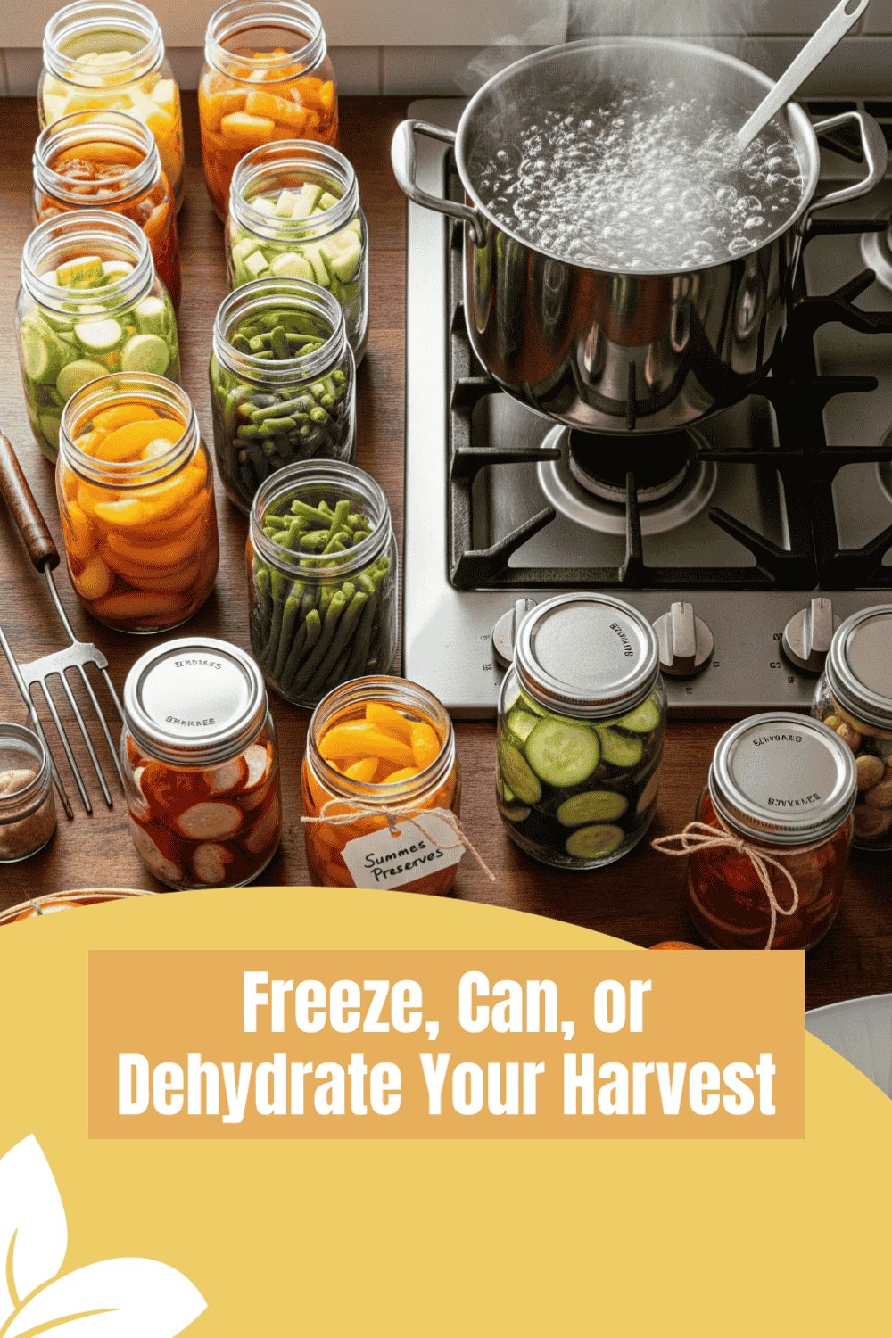 Top down view of a pot of boiling water surrounded by jars full of produce ready to be canned. At the bottom is a graphic that reads "Freeze, Can, or Dehydrate Your Harvest."