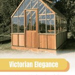 Front view of an Alton Cheltenham greenhouse with a graphic at the bottom reading "Victorian Elegance Meets Modern Durability" and the greenhouse emporium logo in the bottom right corner.