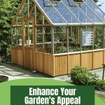 Front corner view of an Alton Cheltenham greenhouse in a backyard with a graphic at the bottom with text reading "Enhance Your Garden's Appeal".