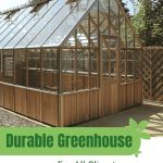 Exterior of an Alton Westminster greenhouse with a graphic at the bottom reading "Durable Greenhouse For All Climates" and the Greenhouse Emporium logo in the bottom right corner.