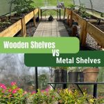 Two images stacked together, the top with raised beds inside of a riga greenhouse and the bottom is a corner shelf inside of a glass greenhouse.