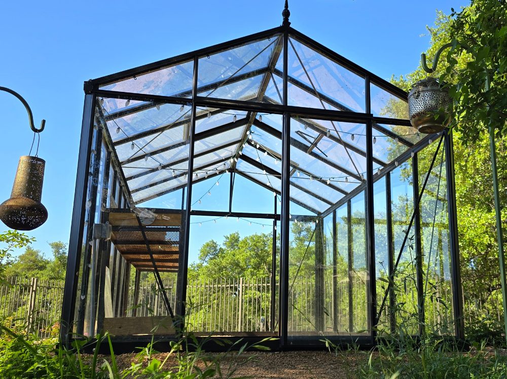 Bottom up perspective of an empty glass greenhouse.