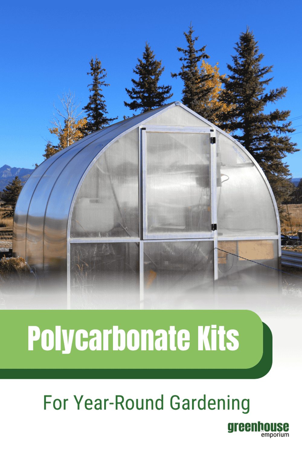 Onion-shaped polycarbonate greenhouse with trees with the text: Polycarbonate Kits for Year-round gardening