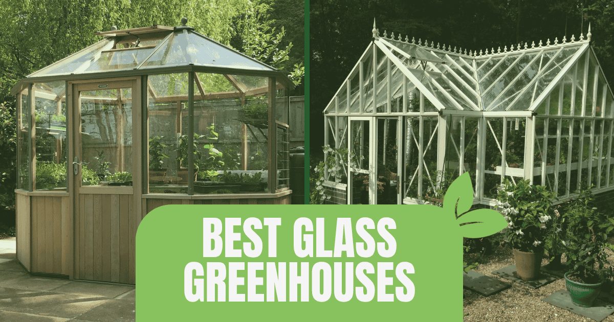 Exterior of an Octagonal greenhouse with a wooden stem wall and frame on the left, Front corner view of a glass Antique Orangerie Janssens greenhouse with a graphic at the bottom reading "glass greenhouses"
