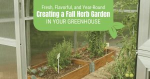 Herbs and veggies in garden beds inside of a Riga L greenhouse with a green tint and graphic at the top that reads "Fresh, Flavorful, and Year-Round: Creating a Fall Herb Garden in Your Greenhouse"