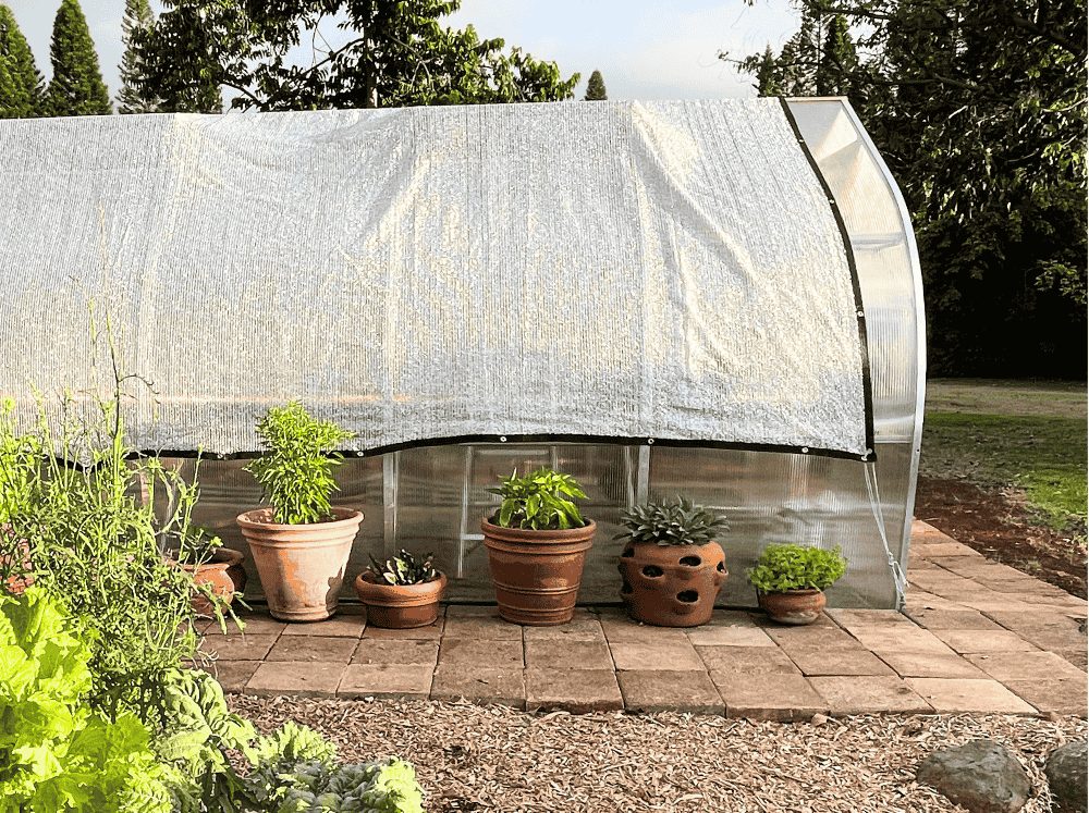 Exterior of a riga greenhouse with a shade cloth draped over the top